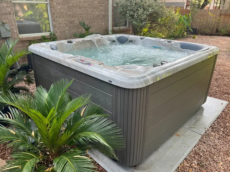 A hot tub set in a Georgetown backyard, cycad in front
